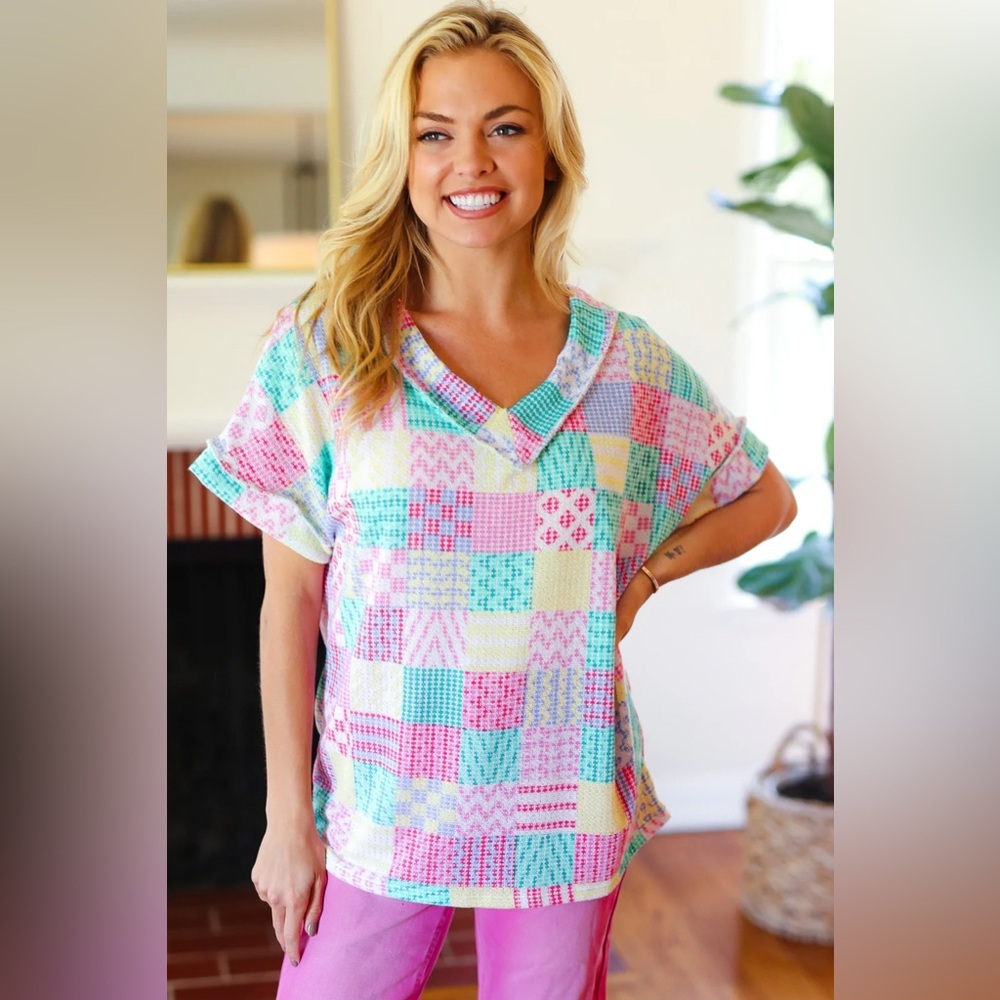 Easy Living Mint Patchwork Print Textured Knit V Neck Top